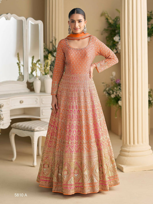 Anaita Orange Georgette Readymade Anarkali Suit with Embroidery Zarkan Work (Free Size)