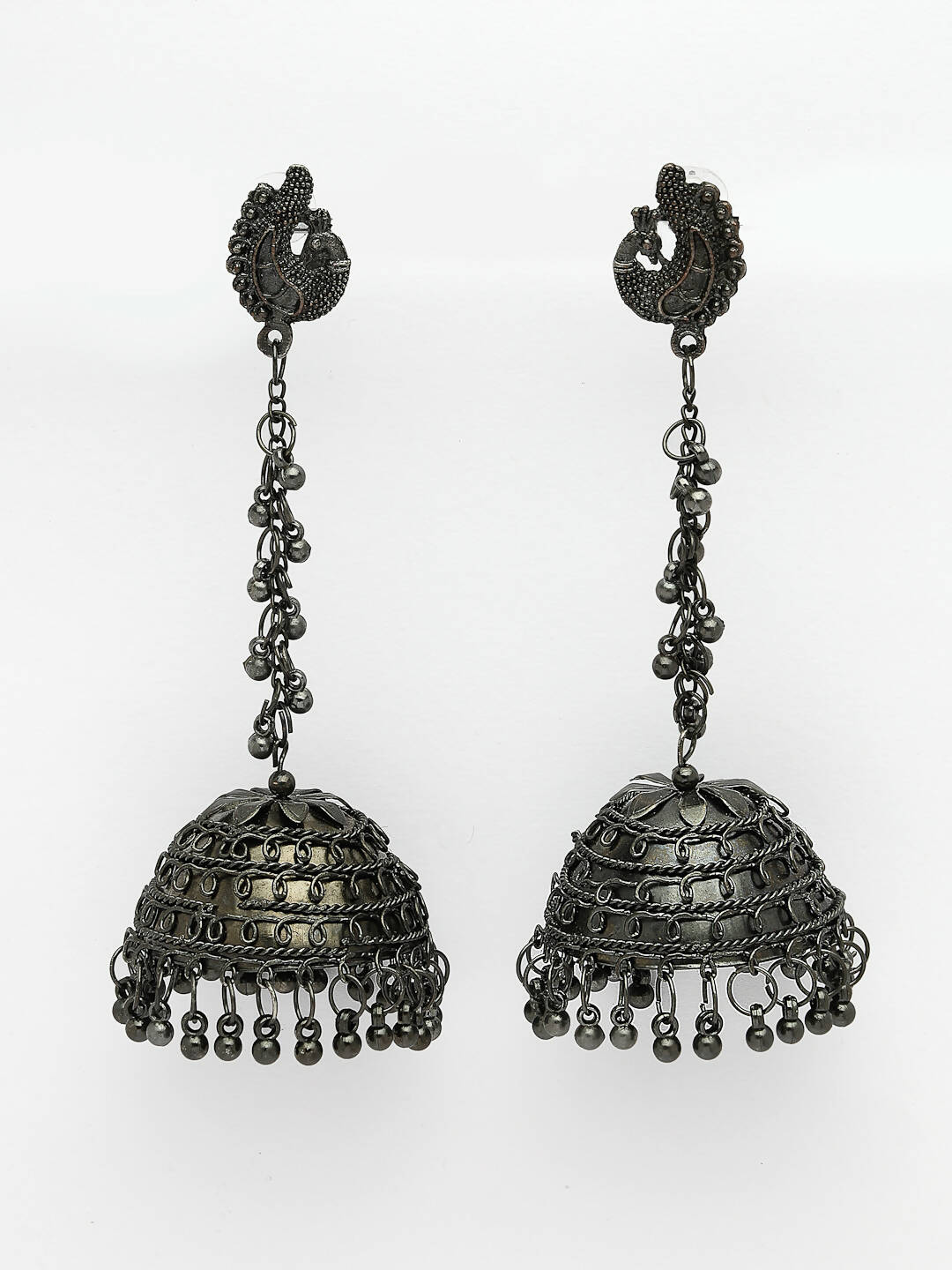 NVR Women Black Oxidised Brass-Plated Jhumka Earrings - Grab2buy