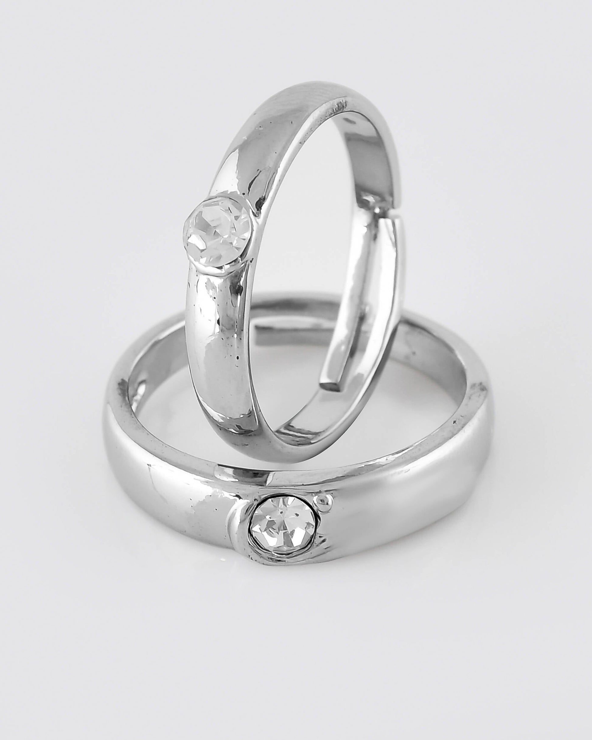 VOJ Stainless Steel Cubic Zirconia Silver Plated Adjustable Ring Set for Couple 