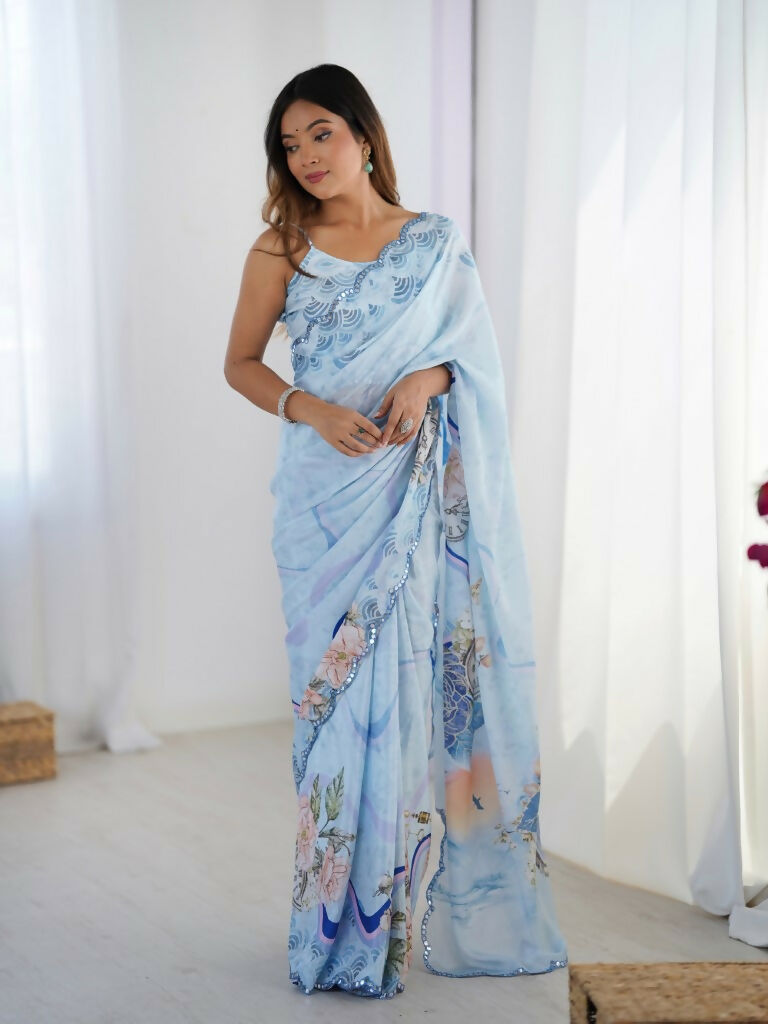Sky Blue Chinon Designer Digital Printed,Mirror Cut Work Saree - Elayna