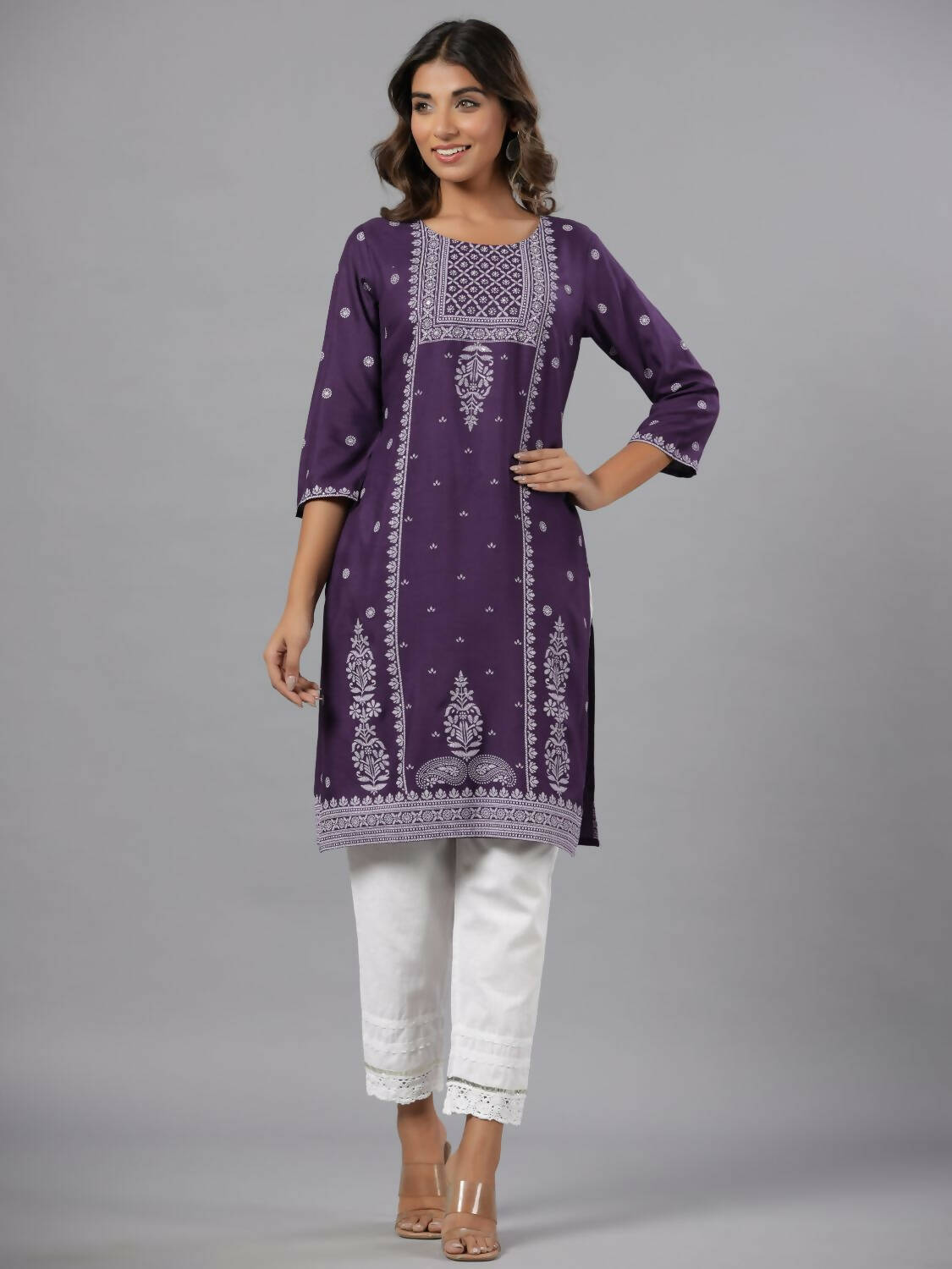 Juniper Women Purple Rayon Printed Knee Length Straight Kurta