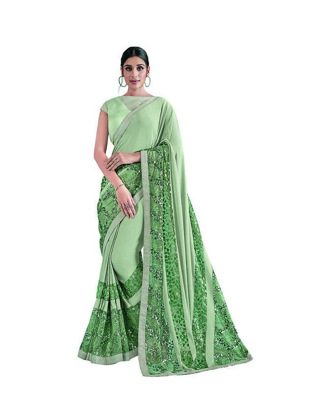 Sea Green Lycra Embroidery Saree with Unstitched Blouse Piece - Norita Elaura