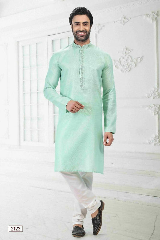 Raivat Ethnic Linen Cotton Thread Work Kurta Pajama In Pista Green Colour
