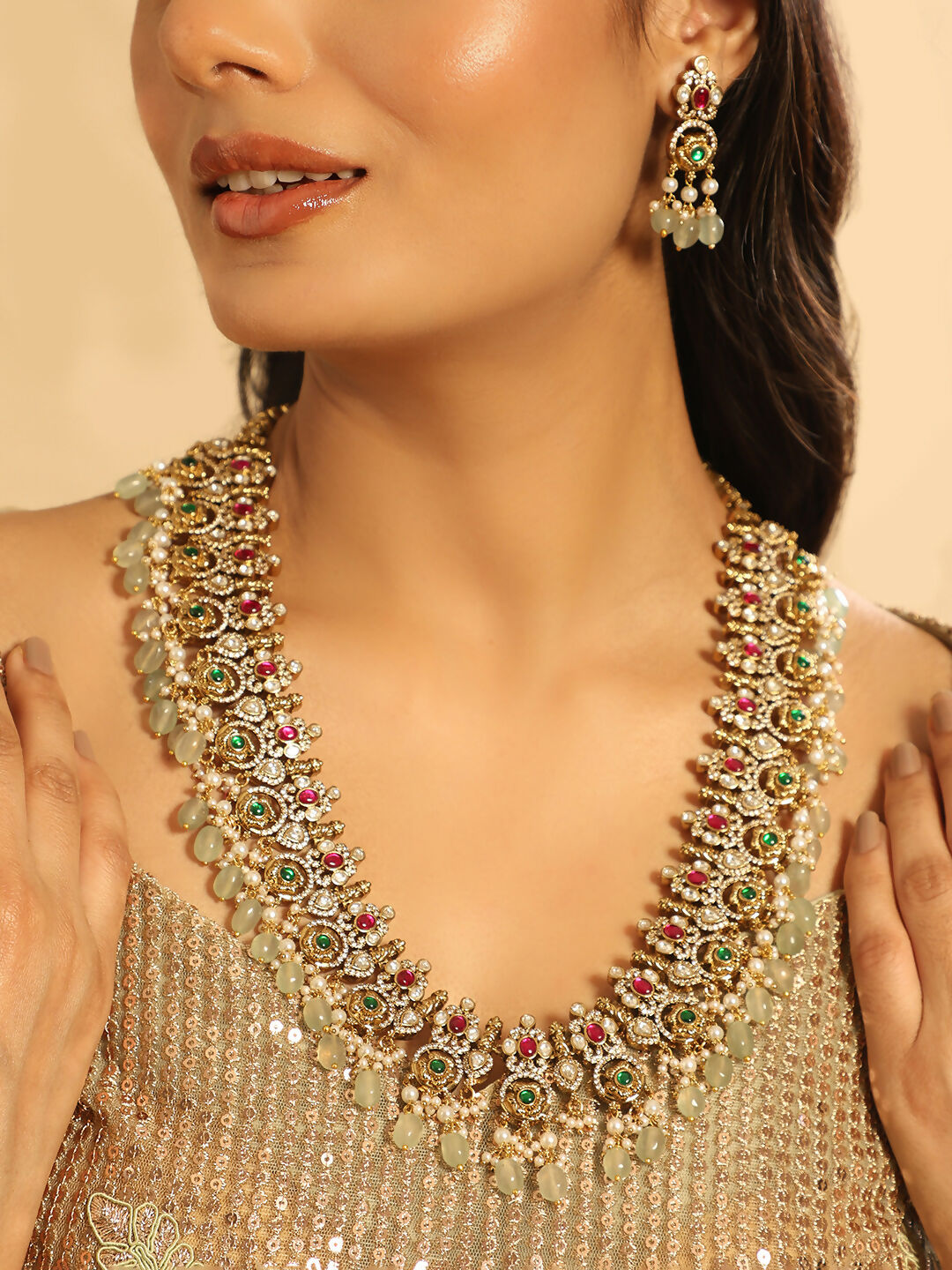 Nuyug 18K Gold Plated Divine Gold Tone Beaded Long Necklace Set | Grab2Buy