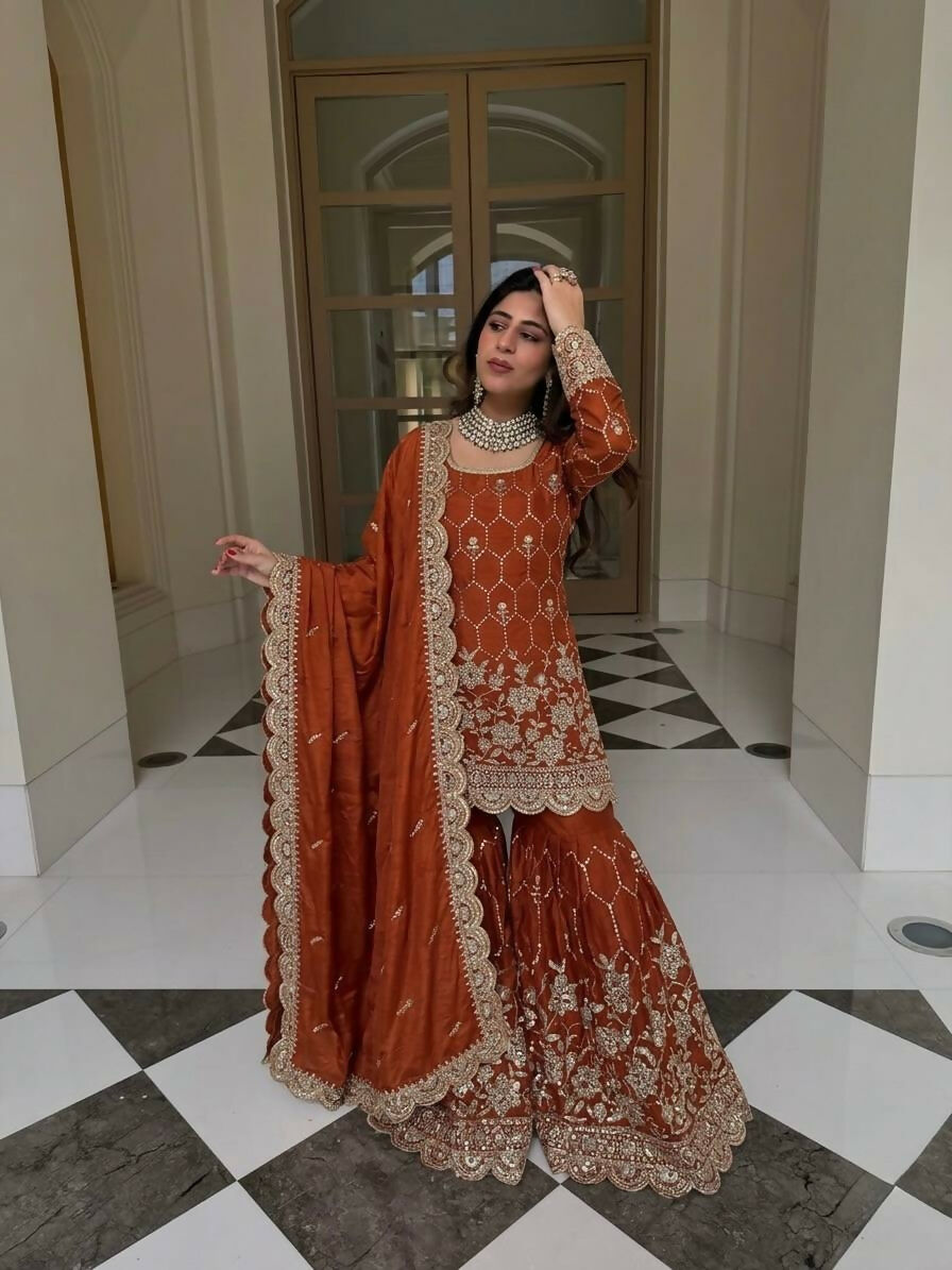 Teeya Creation New Trendy Latest Designer Embroidery Sharara Kurta Set -Orange