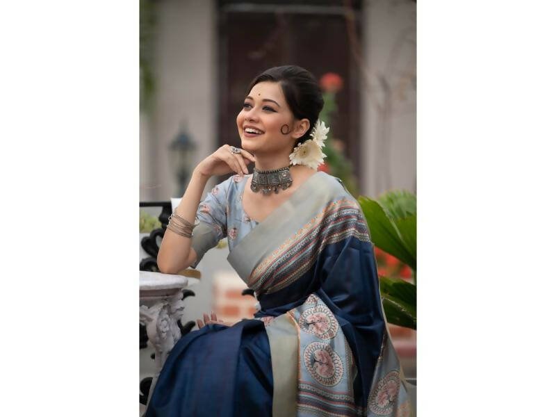 Aastha Fashion Women's Navy Blue Tussar Silk Digital Printed Saree with Blouse - Grab2buy