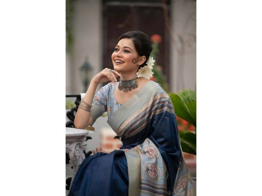 Aastha Fashion Women's Navy Blue Tussar Silk Digital Printed Saree with Blouse - Grab2buy