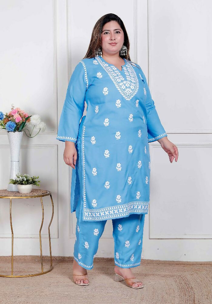 Miravan Womens Plus Size Blue Embroidered Kurta With Palazzo