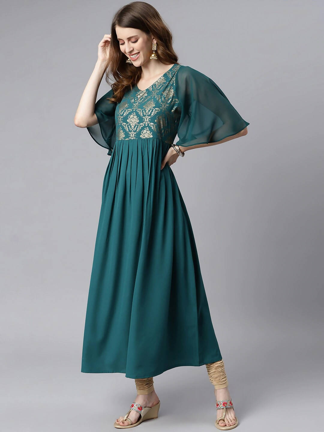 Janasya Women Teal Yoke Design Flared Sleeves Crepe Anarkali Kurta