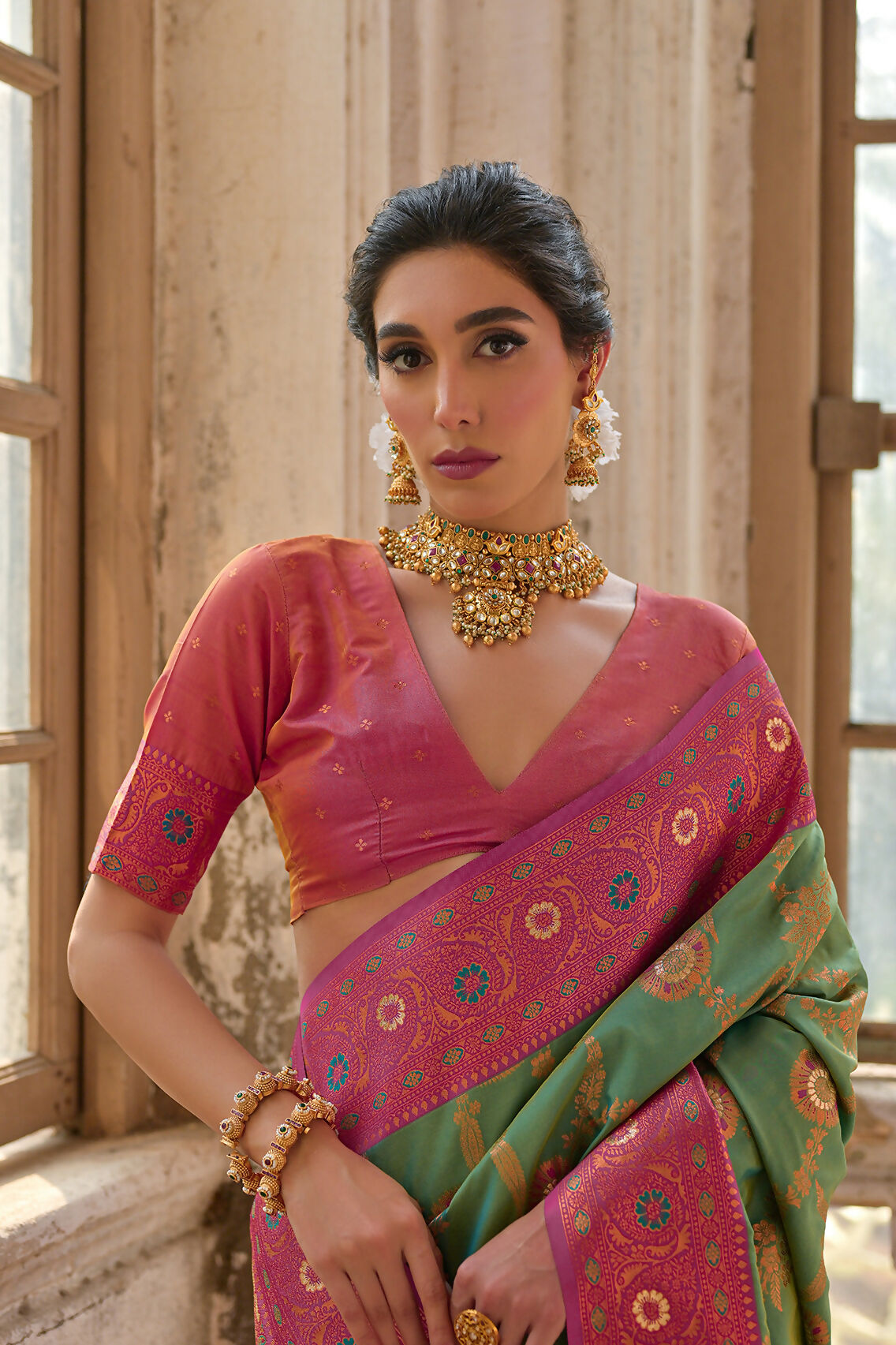 Vishnu Weaves Women's Pista Banarasi Silk Zari Woven Grab2Buy with Blouse 