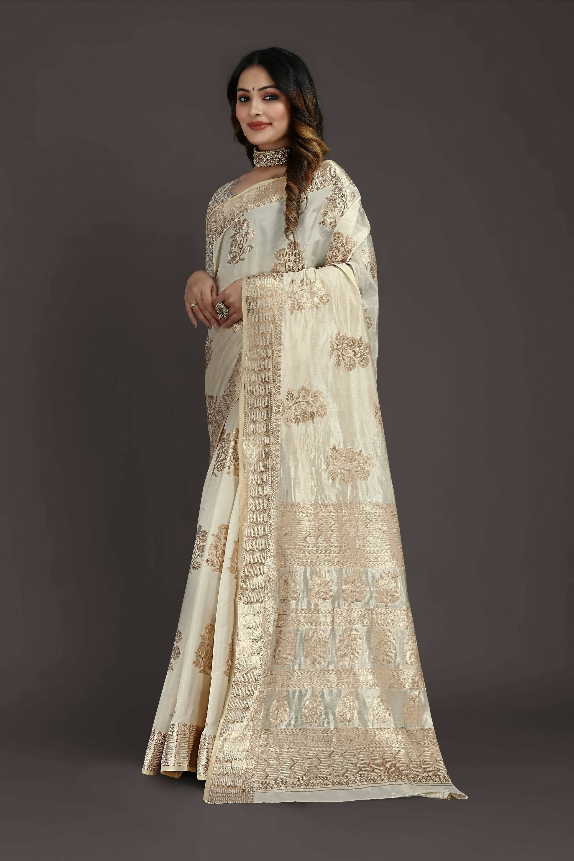 Off White Pure Raw Silk Zari Woven Saree with Unstitched Blouse Piece - Alisha