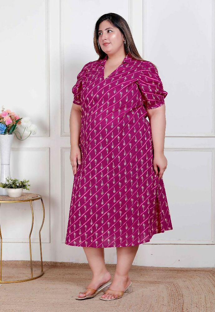 Miravan Plus Size Womens Magenta Floral Printed Cotton Dress With One Side Pocket