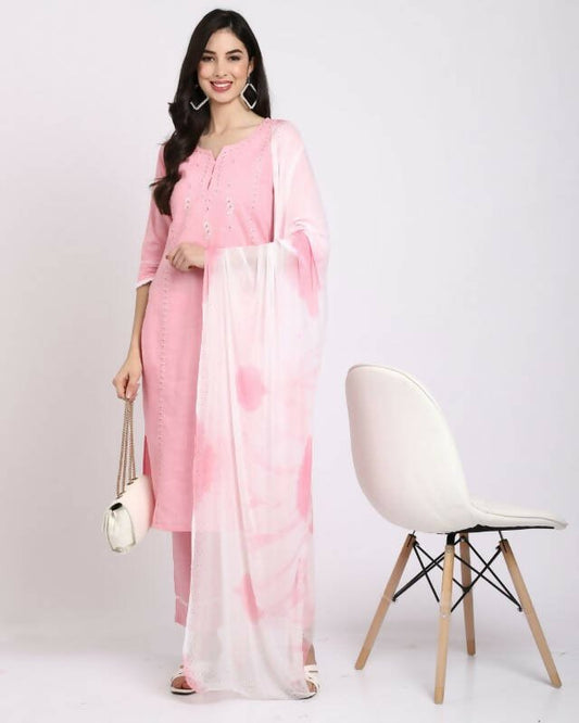 Aastha Fashion Women's Pink Cotton Embroidered Kurta with Trouser & Dupatta - Grab2buy