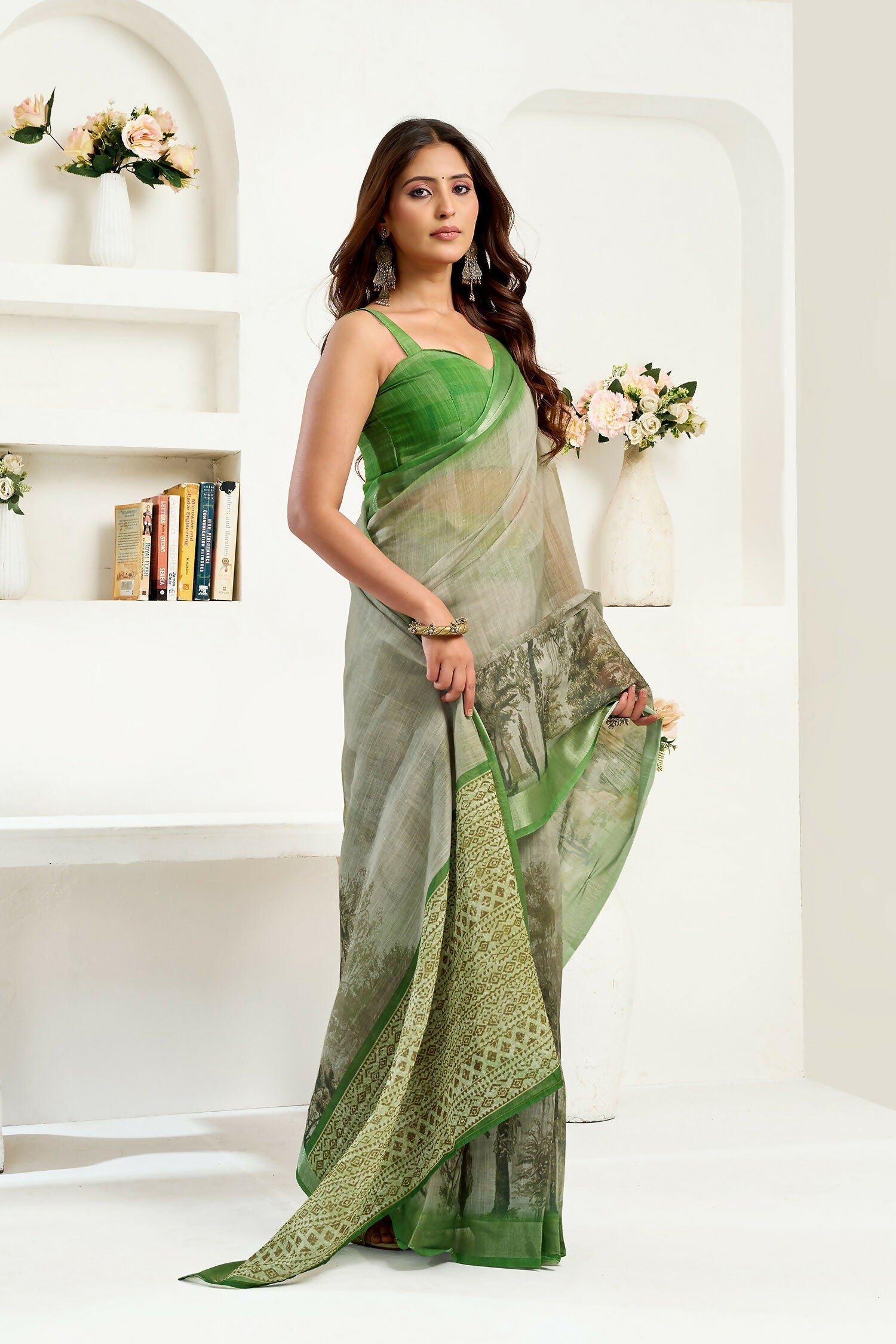 Joban Fashion Green Floral & Ethnic Motifs Linen Ready To Wear Saree With Unstitched Blouse