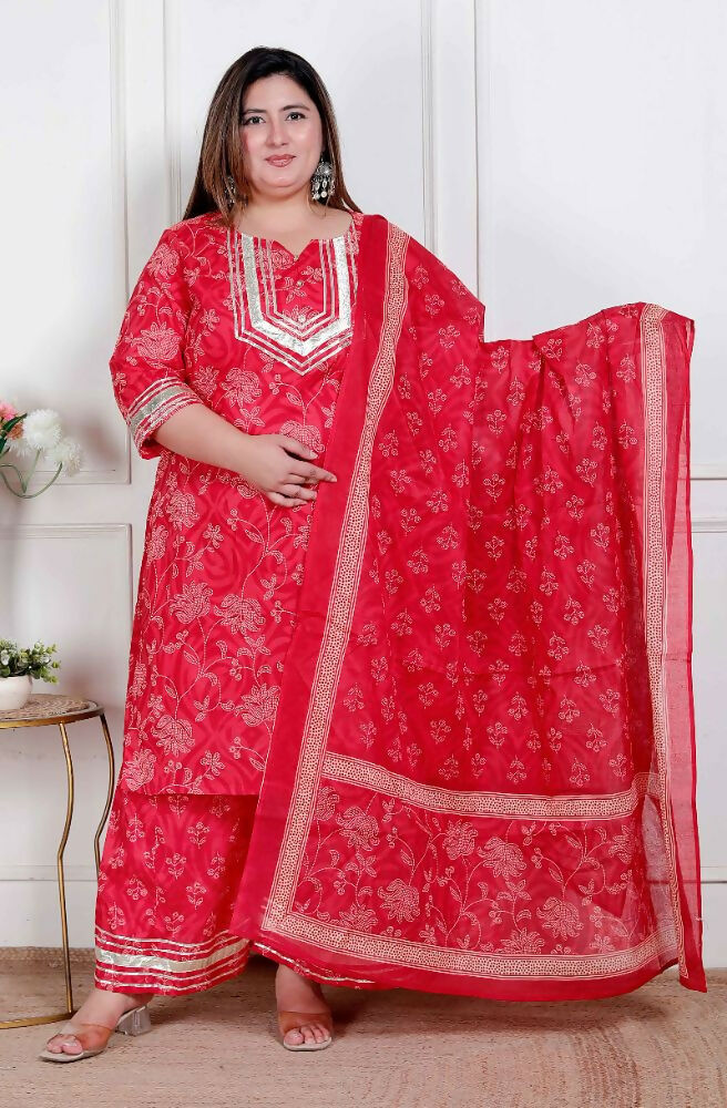 Miravan Plus Size Red Floral Print Embroidered Cotton Straight Kurta With Palazzo & Dupatta