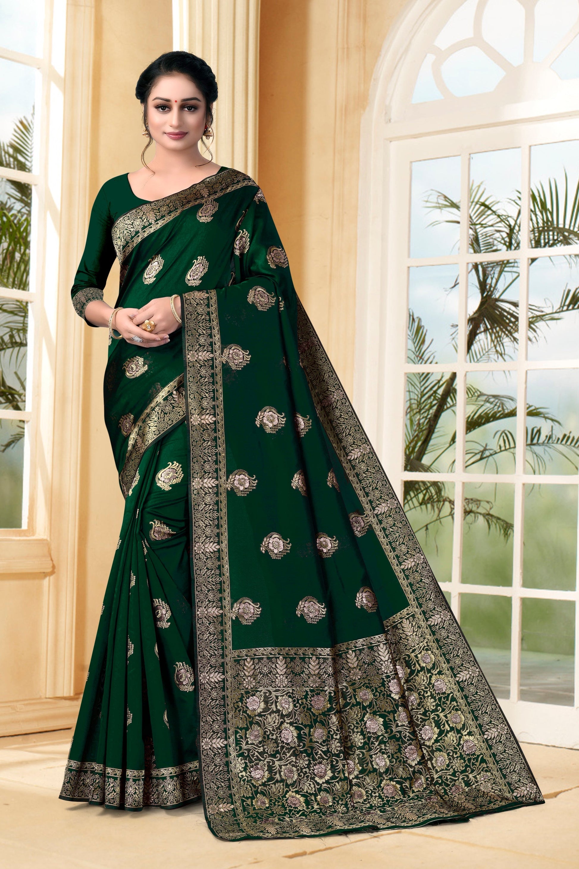 Vedant Vastram Litchi Silk Designer Banarasi Saree - Bottle Green | Swadesiicart