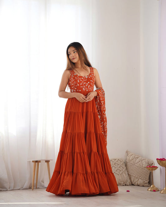 Lorenvalley Rust Faux Georgette Layer Gathering Anarkali Pant With Dupatta Set 
