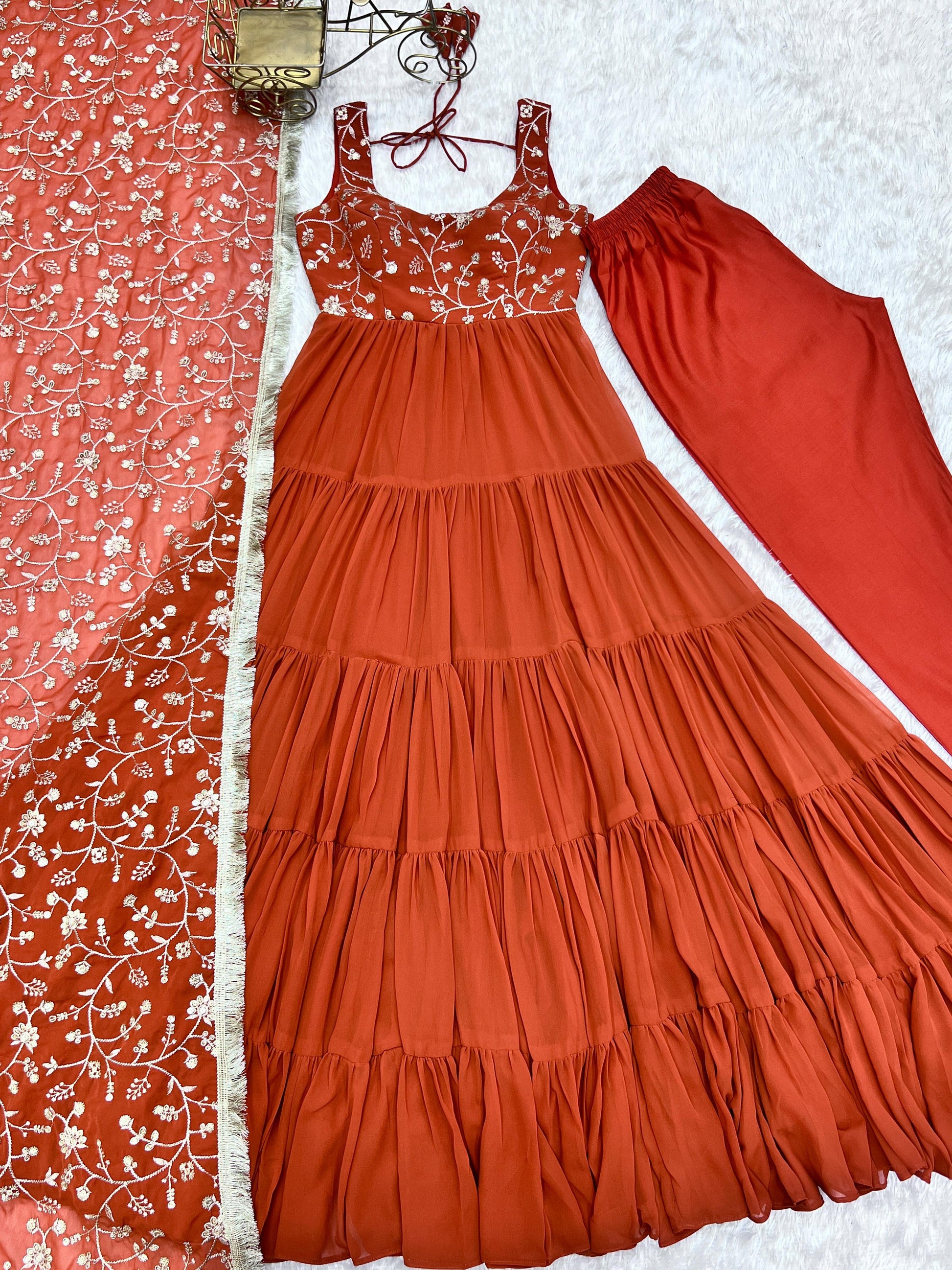 Lorenvalley Rust Faux Georgette Layer Gathering Anarkali Pant With Dupatta Set 