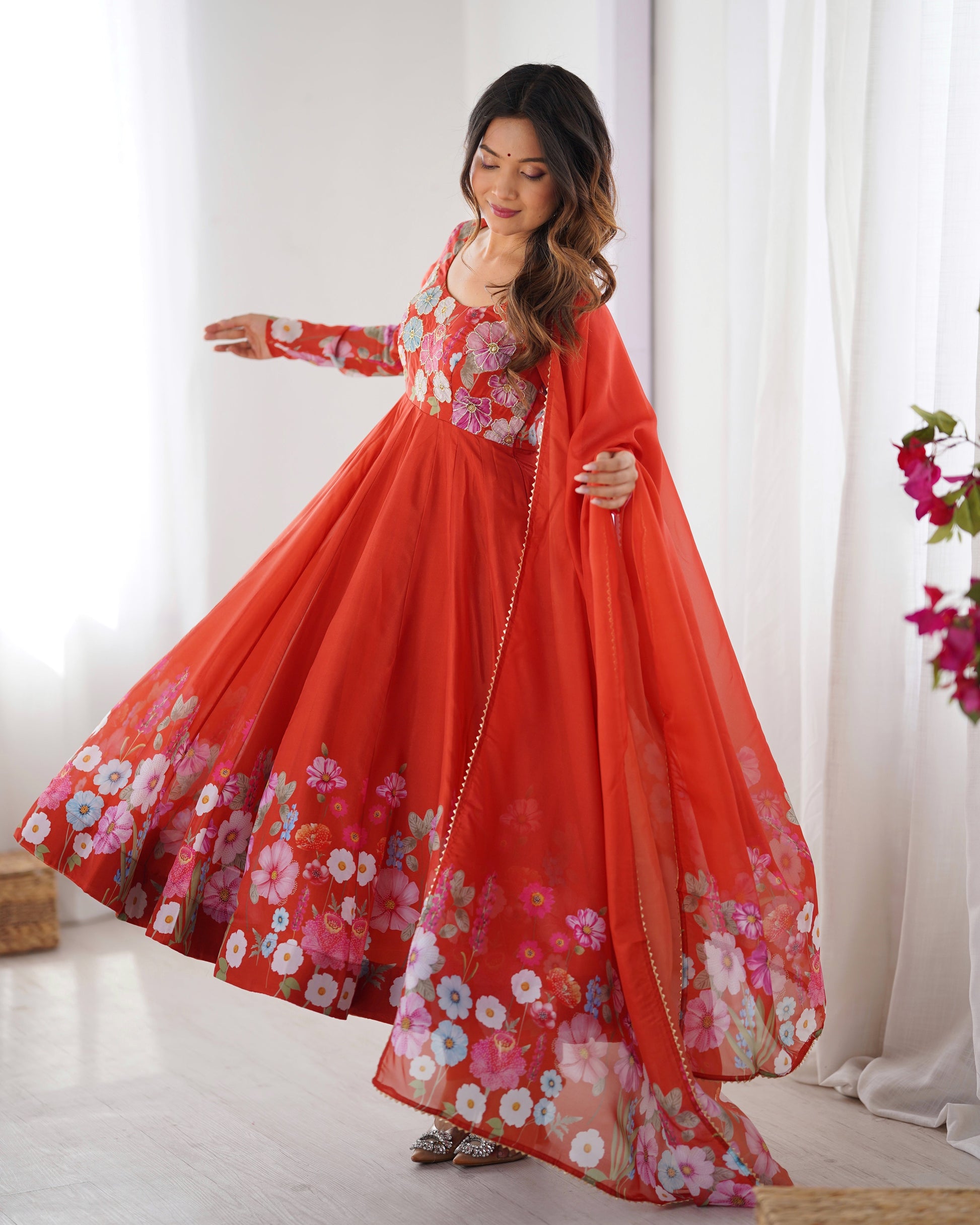 Lorenvalley Rust Soft Organza Silk With Floral Print Fully Flared Anarkali Pant With Dupatta Set 