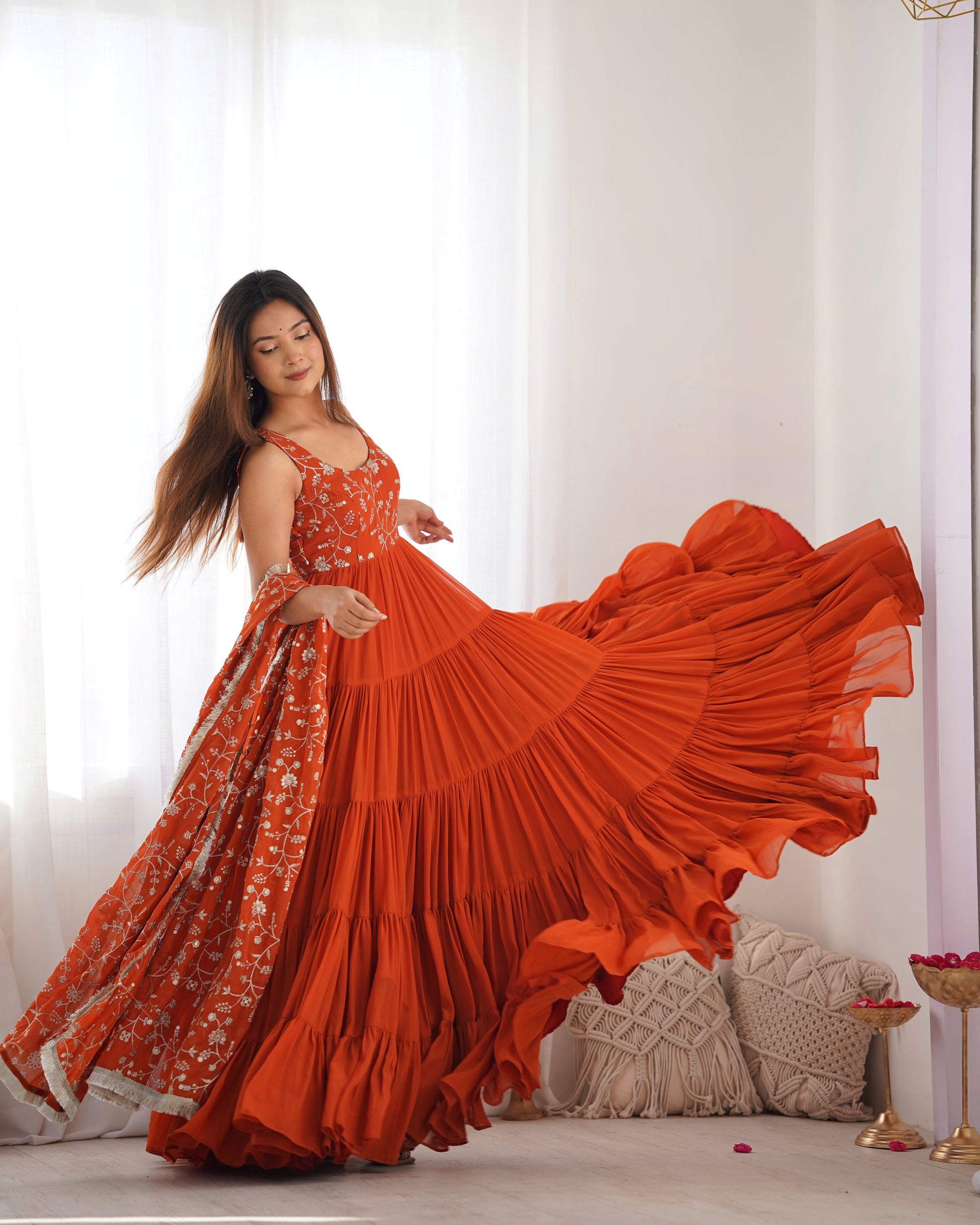 Lorenvalley Rust Faux Georgette Layer Gathering Anarkali Pant With Dupatta Set 