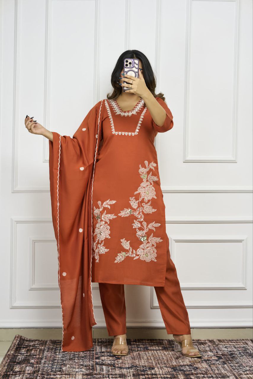 Lorenvalley Fashion Rust Roman Silk Embroidery with Sequence Work Kurta Pant with Dupatta 