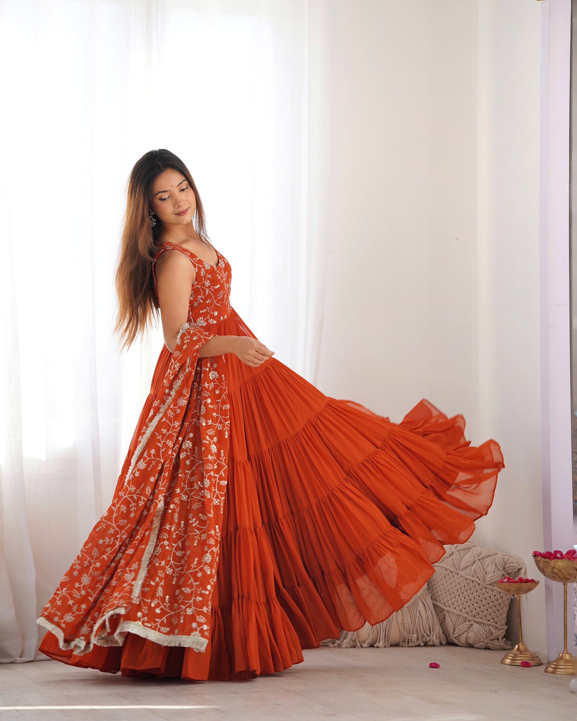 Lorenvalley Rust Faux Georgette Layer Gathering Anarkali Pant With Dupatta Set 