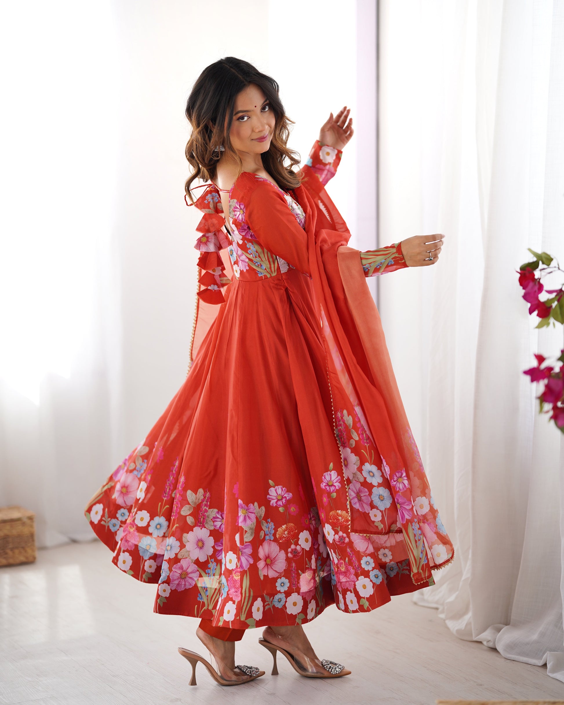 Lorenvalley Rust Soft Organza Silk With Floral Print Fully Flared Anarkali Pant With Dupatta Set 