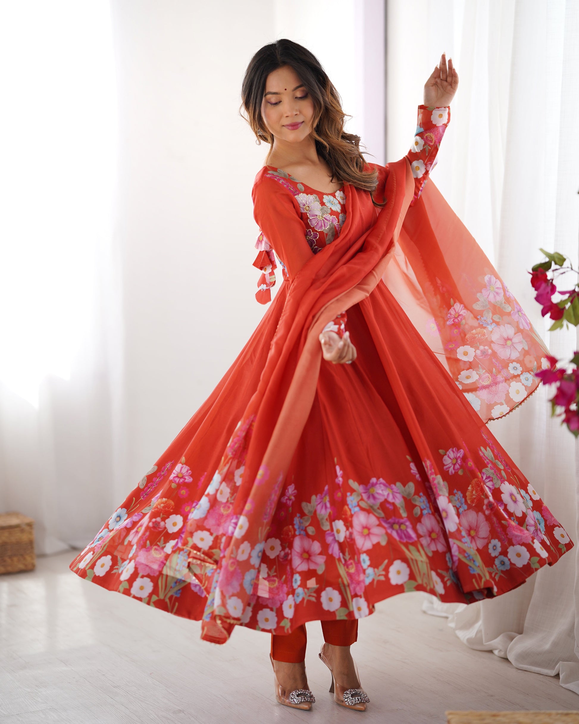 Lorenvalley Rust Soft Organza Silk With Floral Print Fully Flared Anarkali Pant With Dupatta Set 