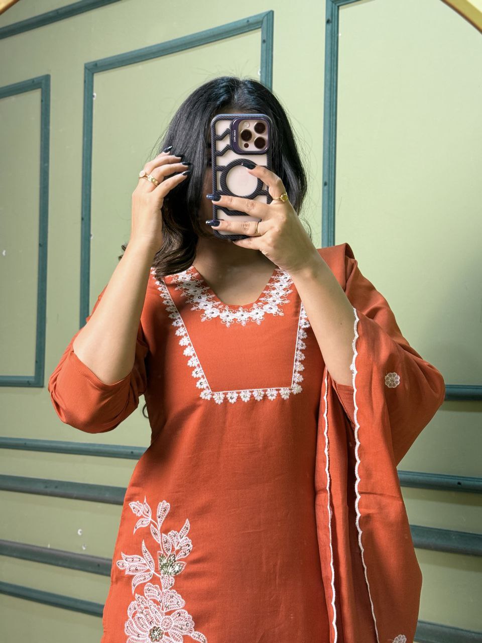 Lorenvalley Fashion Rust Roman Silk Embroidery with Sequence Work Kurta Pant with Dupatta 