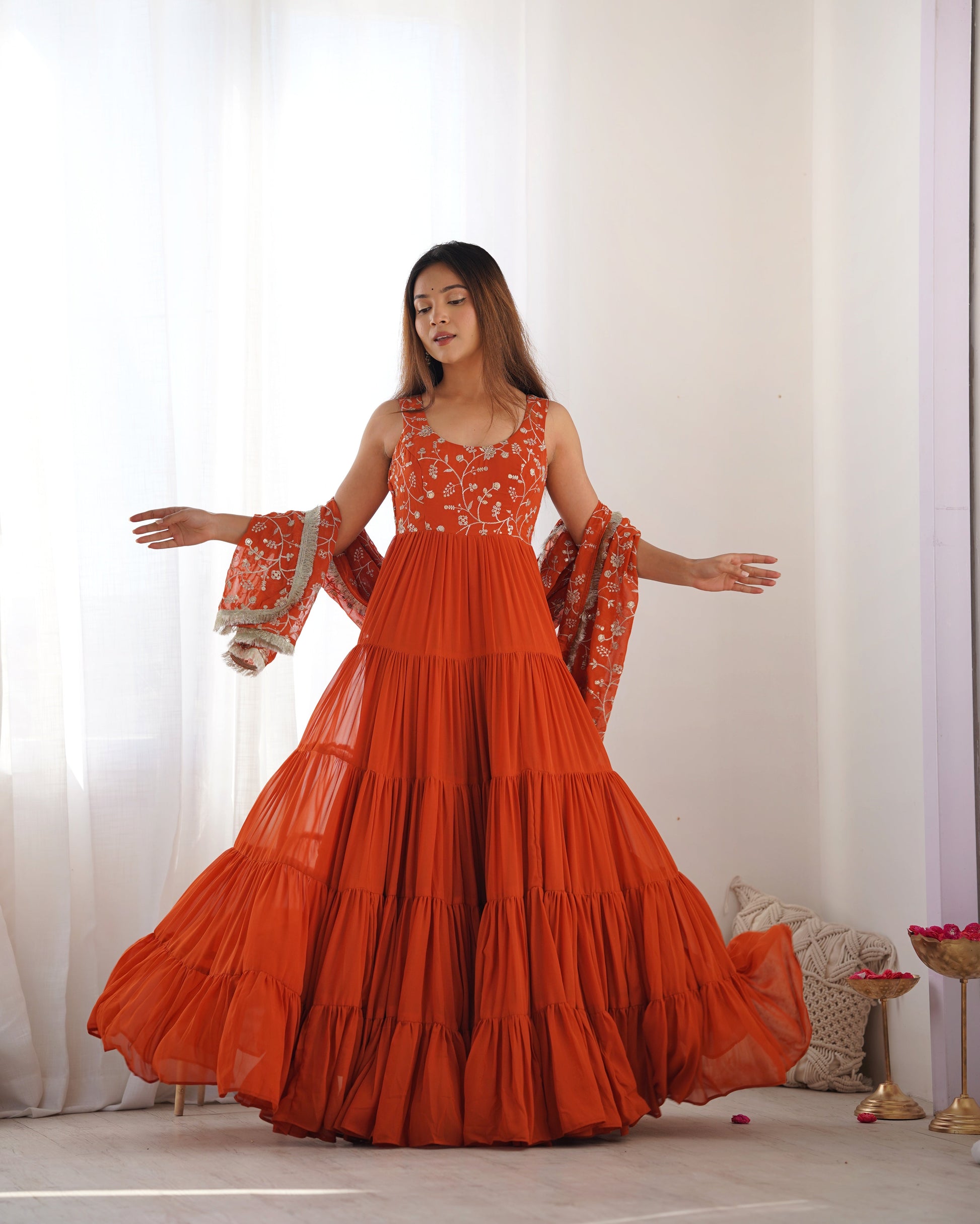 Lorenvalley Rust Faux Georgette Layer Gathering Anarkali Pant With Dupatta Set 
