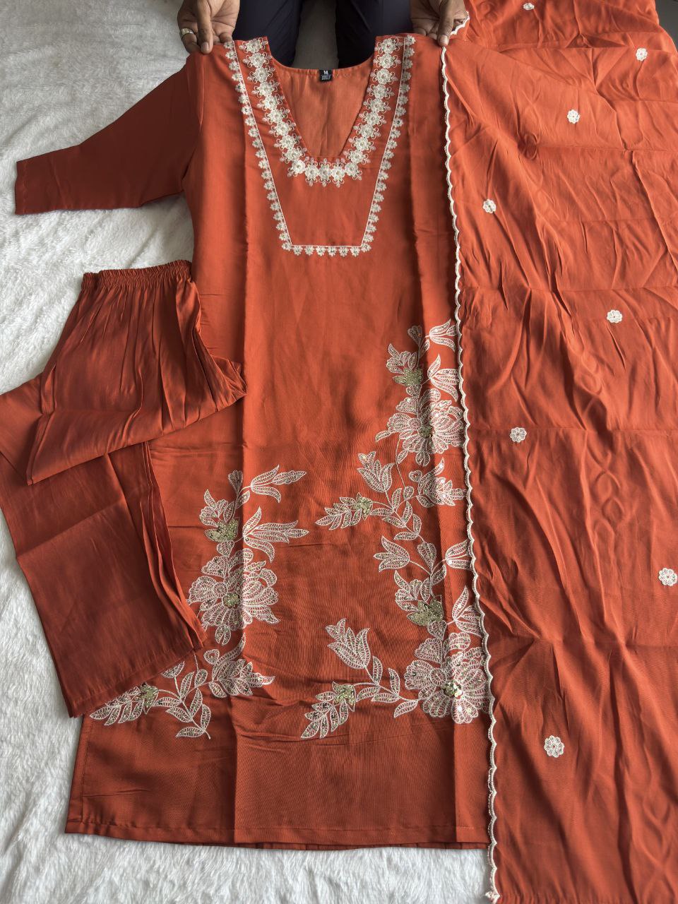 Lorenvalley Fashion Rust Roman Silk Embroidery with Sequence Work Kurta Pant with Dupatta 