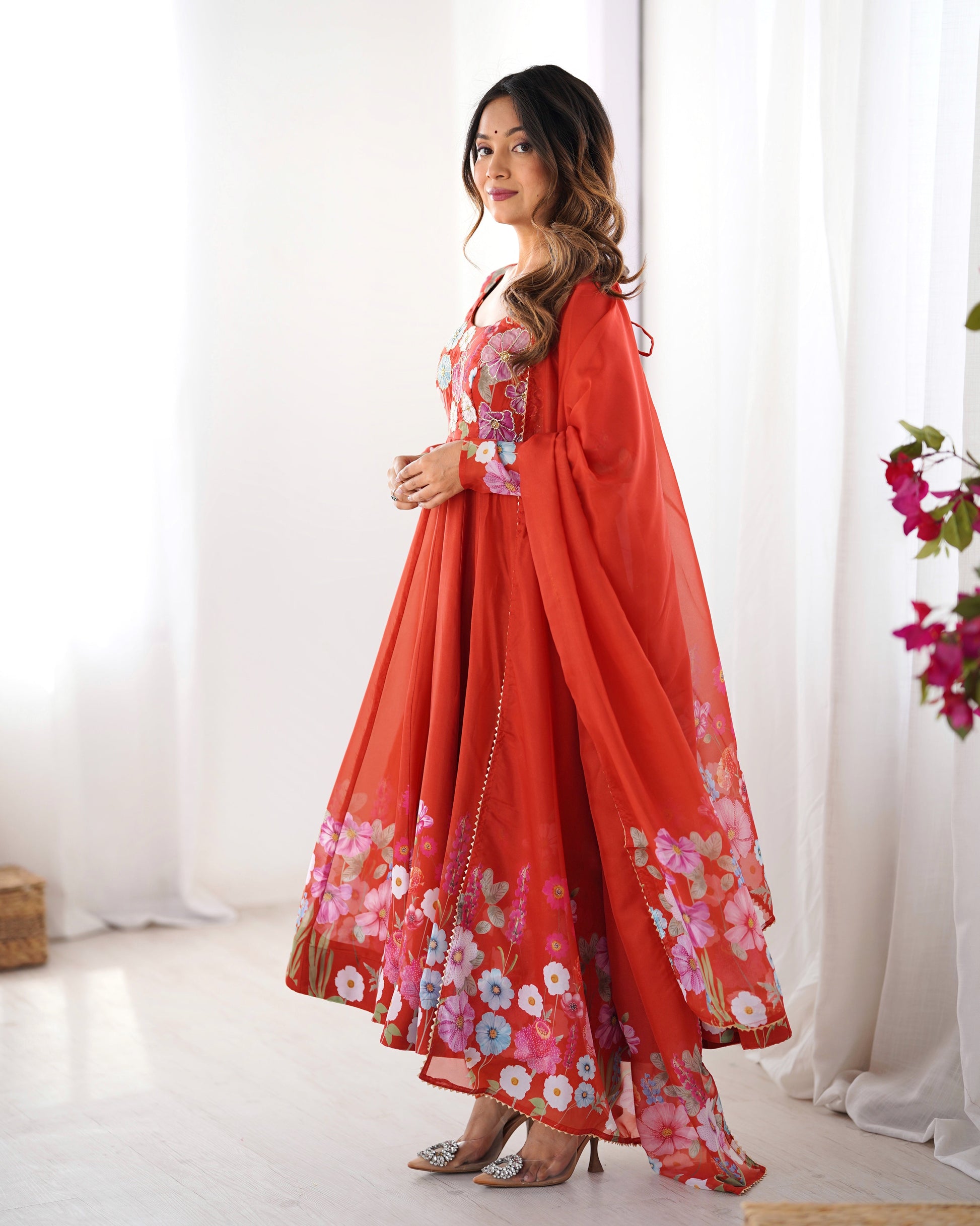 Lorenvalley Rust Soft Organza Silk With Floral Print Fully Flared Anarkali Pant With Dupatta Set 