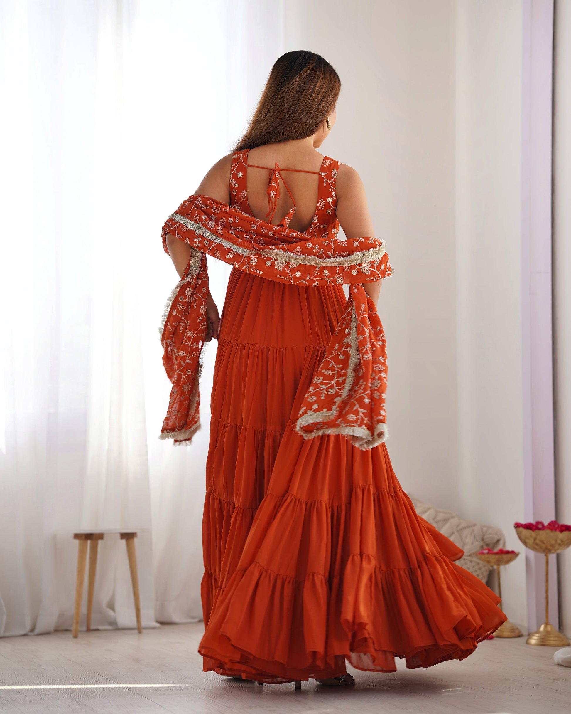 Lorenvalley Rust Faux Georgette Layer Gathering Anarkali Pant With Dupatta Set 
