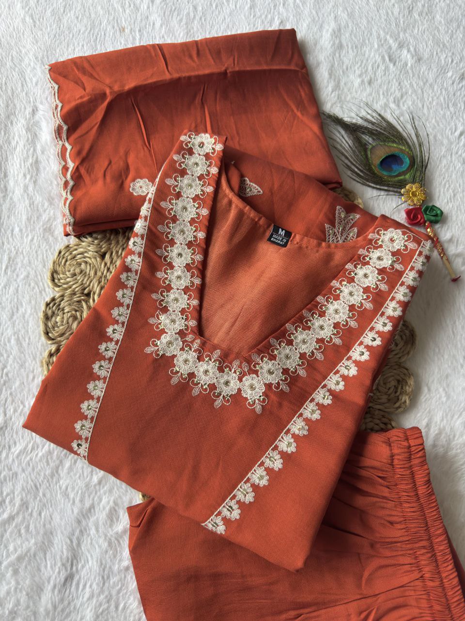 Lorenvalley Fashion Rust Roman Silk Embroidery with Sequence Work Kurta Pant with Dupatta 