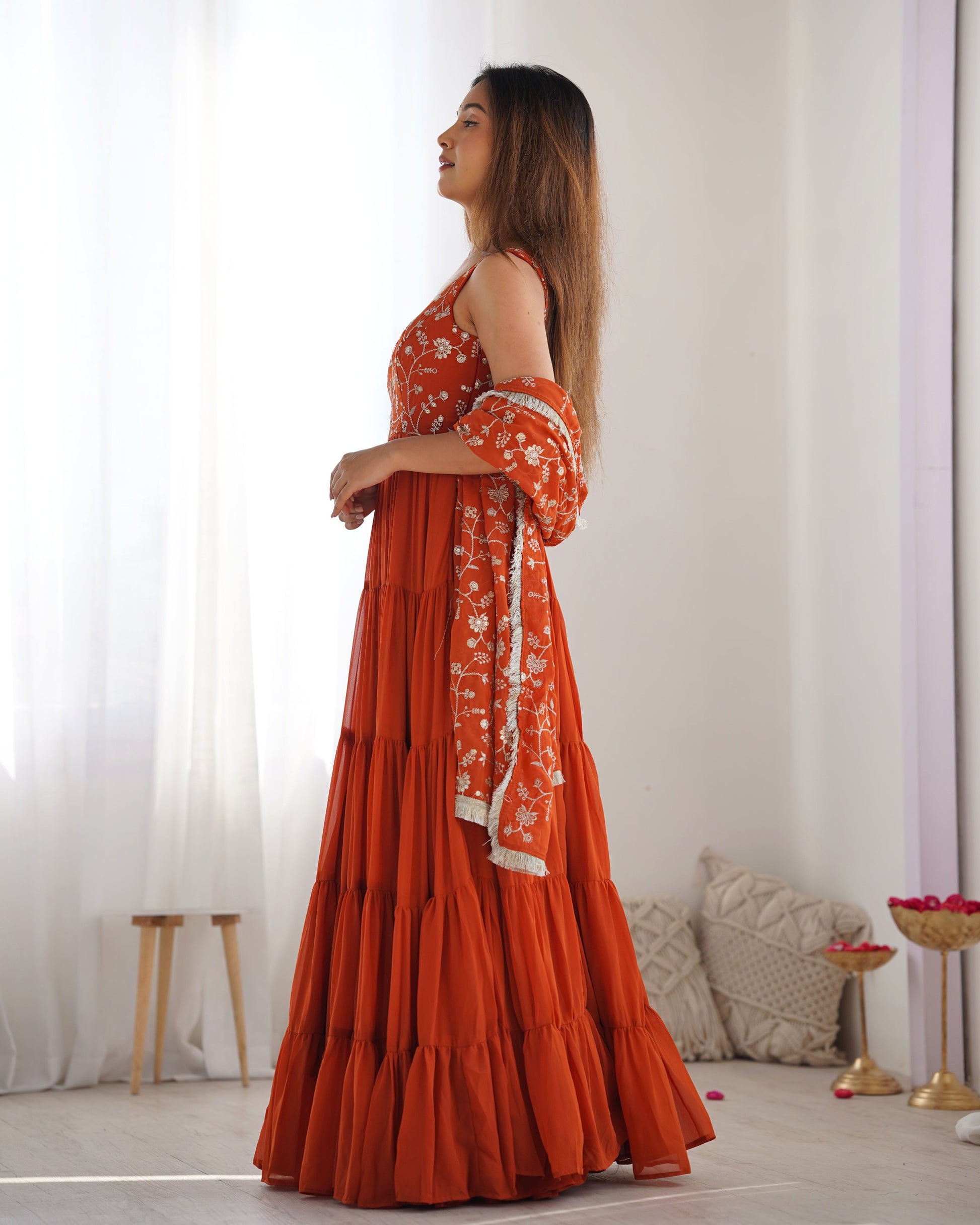 Lorenvalley Rust Faux Georgette Layer Gathering Anarkali Pant With Dupatta Set 