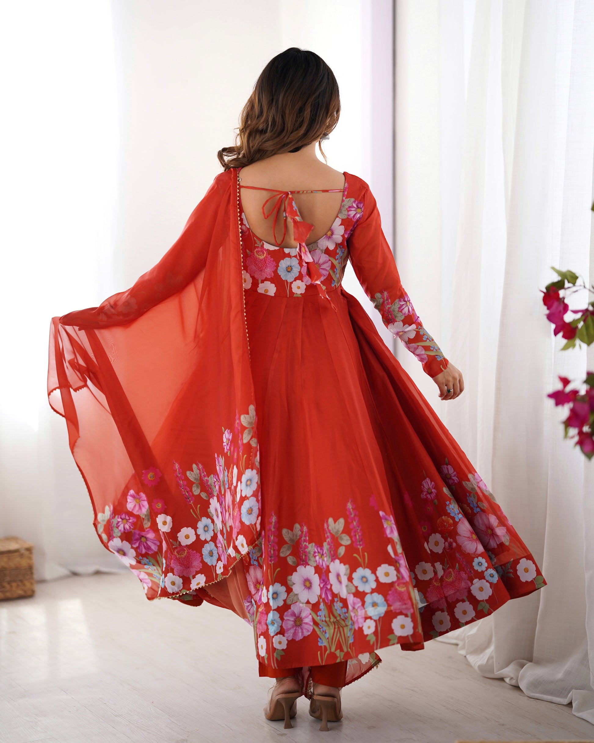 Lorenvalley Rust Soft Organza Silk With Floral Print Fully Flared Anarkali Pant With Dupatta Set 