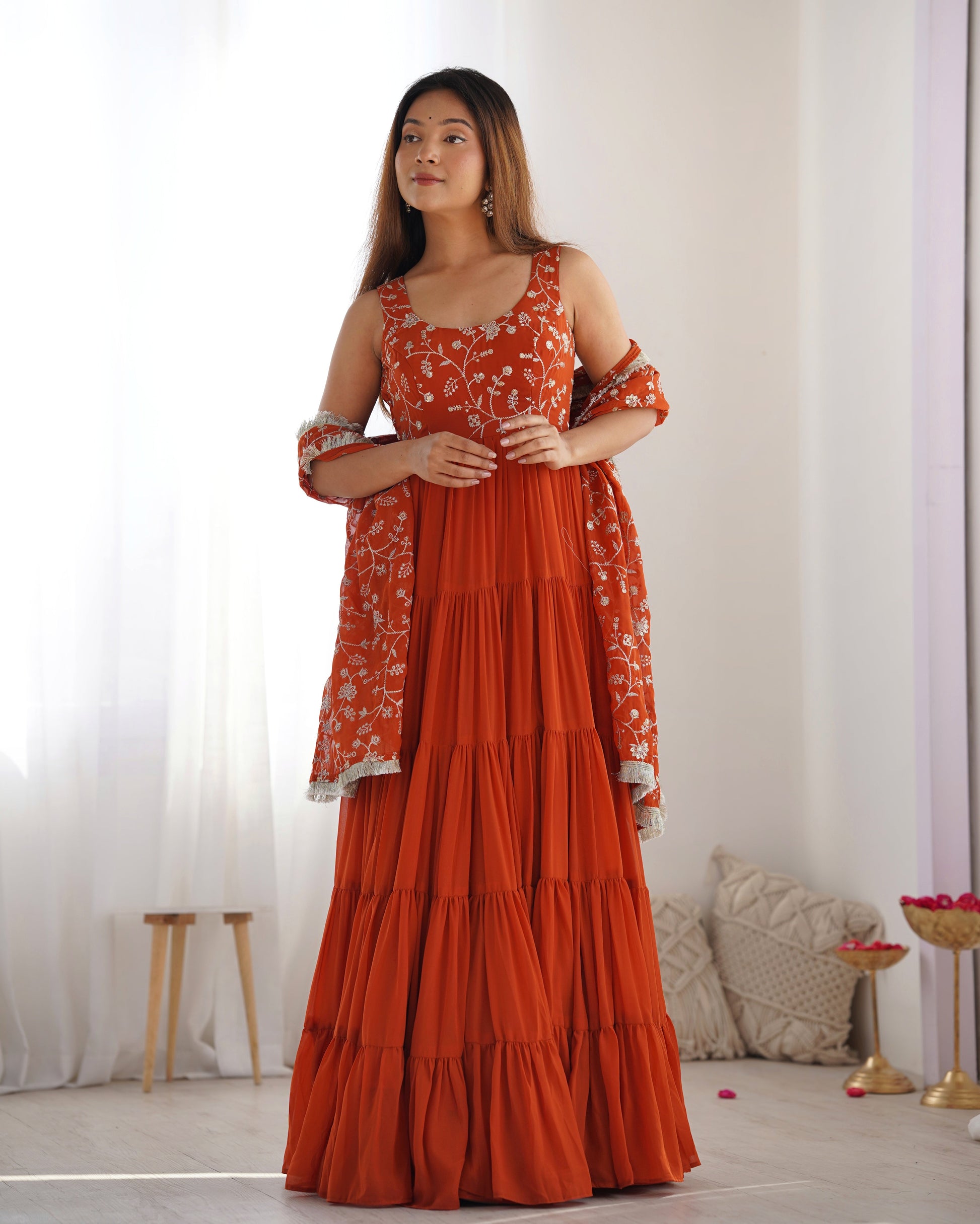 Lorenvalley Rust Faux Georgette Layer Gathering Anarkali Pant With Dupatta Set 