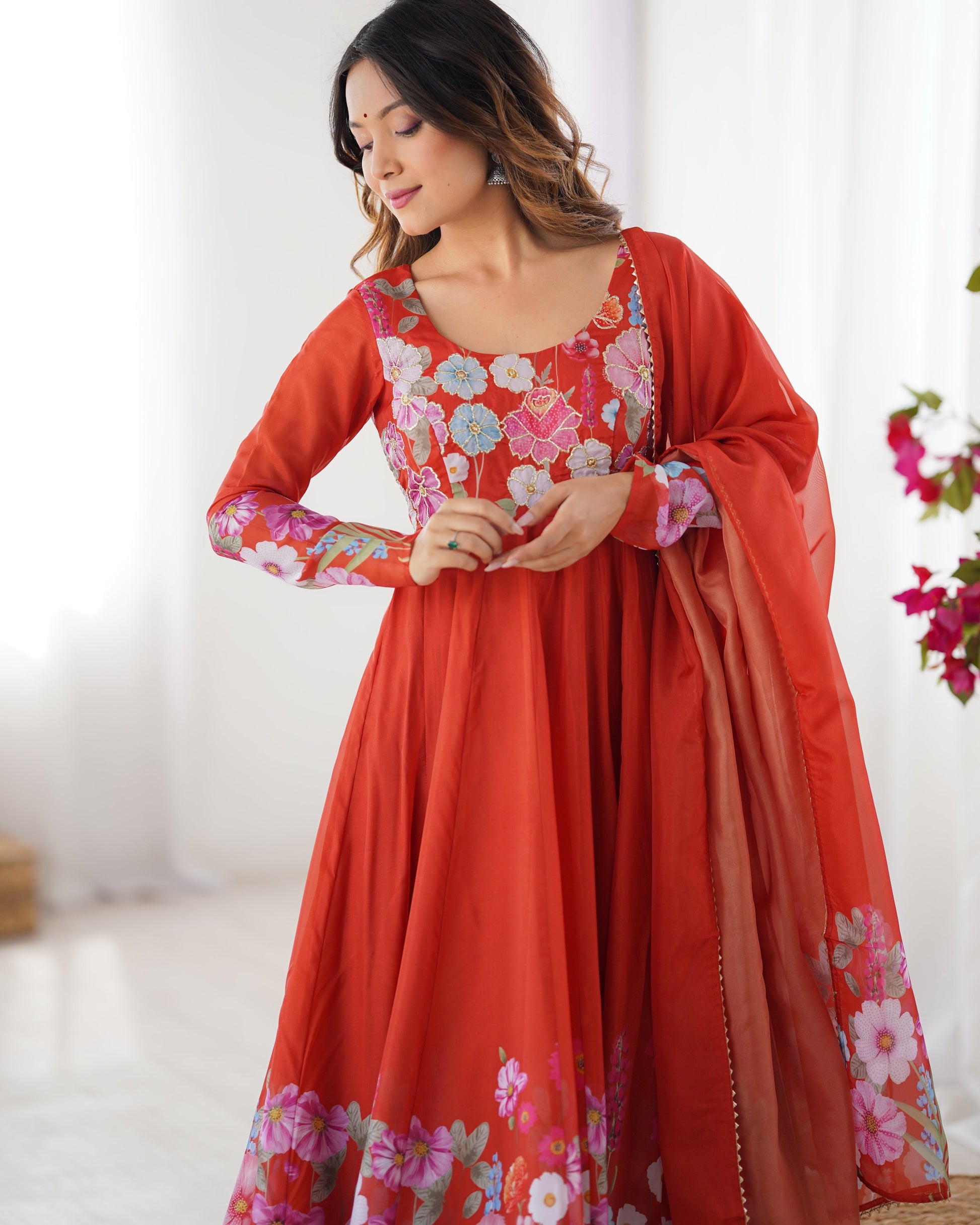 Lorenvalley Rust Soft Organza Silk With Floral Print Fully Flared Anarkali Pant With Dupatta Set 
