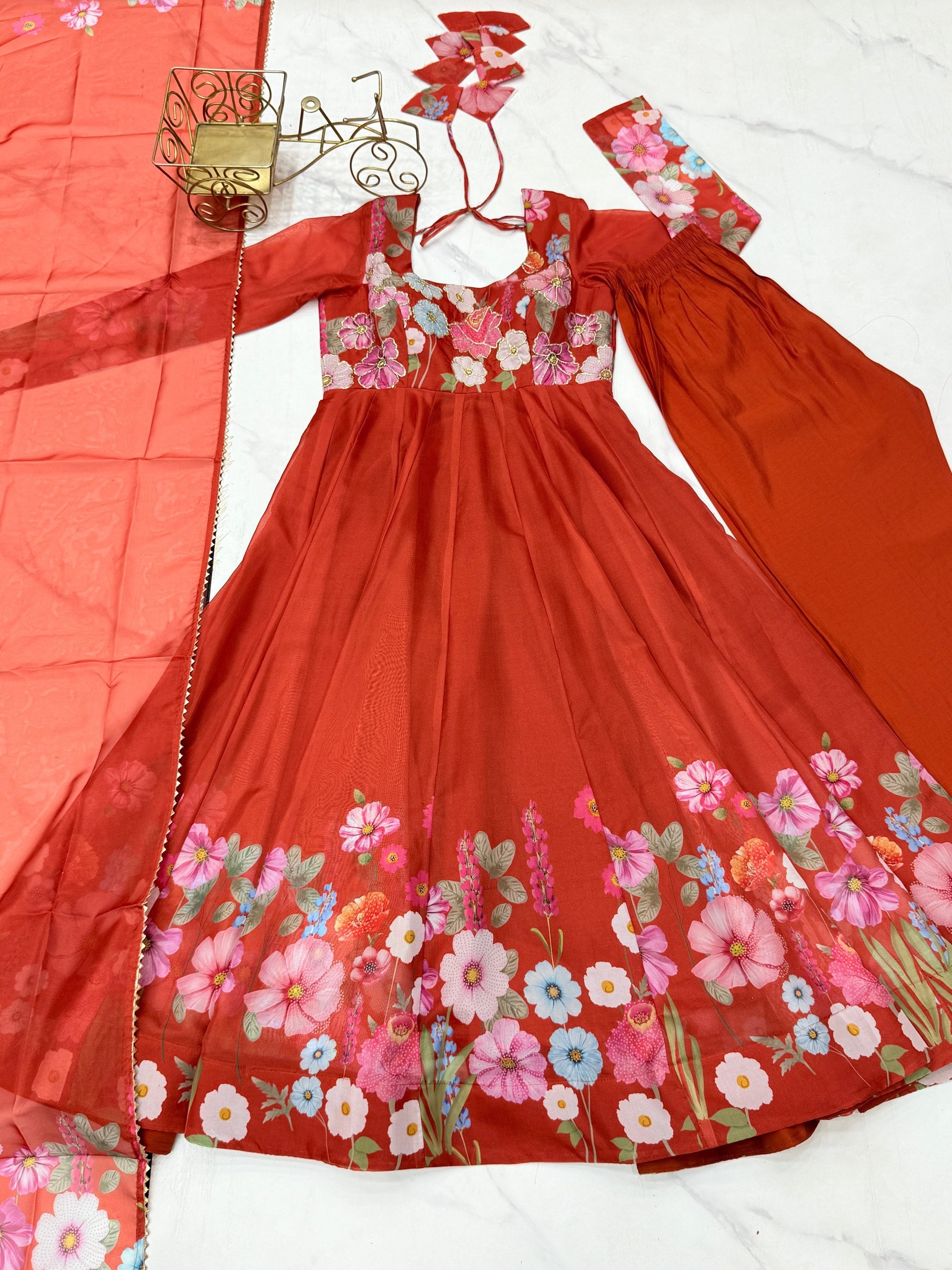Lorenvalley Rust Soft Organza Silk With Floral Print Fully Flared Anarkali Pant With Dupatta Set 