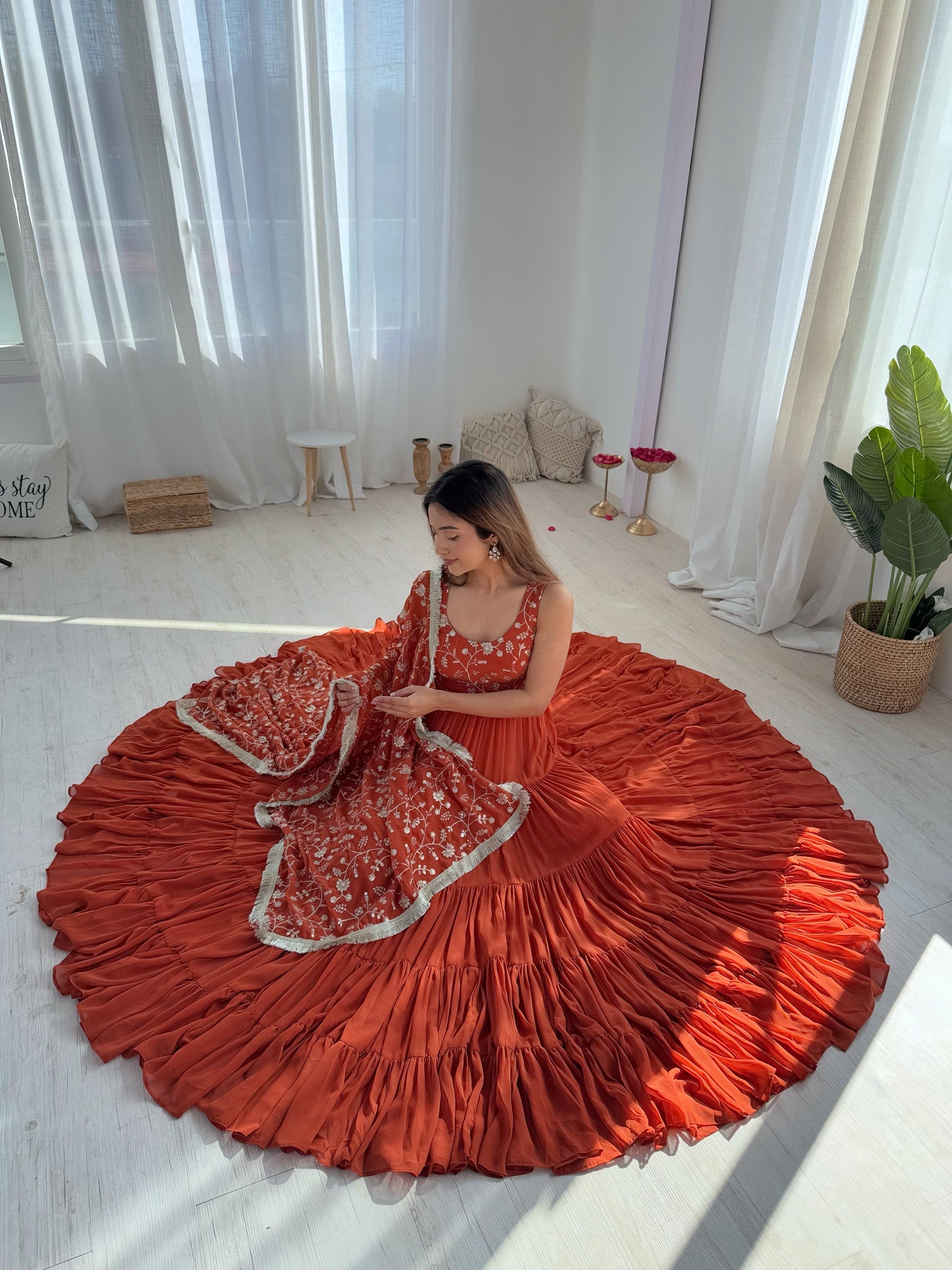 Lorenvalley Rust Faux Georgette Layer Gathering Anarkali Pant With Dupatta Set 