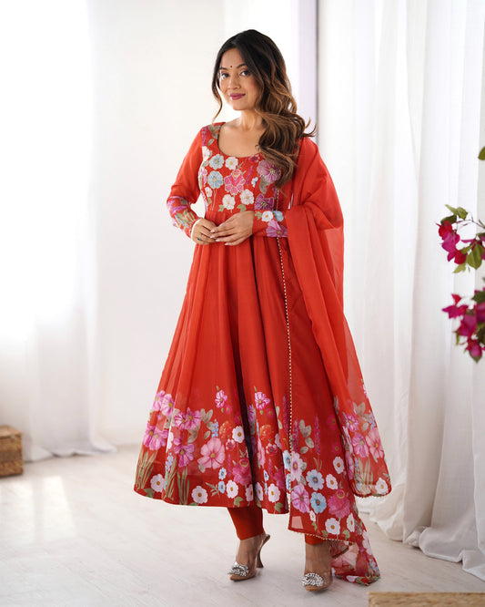 Lorenvalley Rust Soft Organza Silk With Floral Print Fully Flared Anarkali Pant With Dupatta Set 