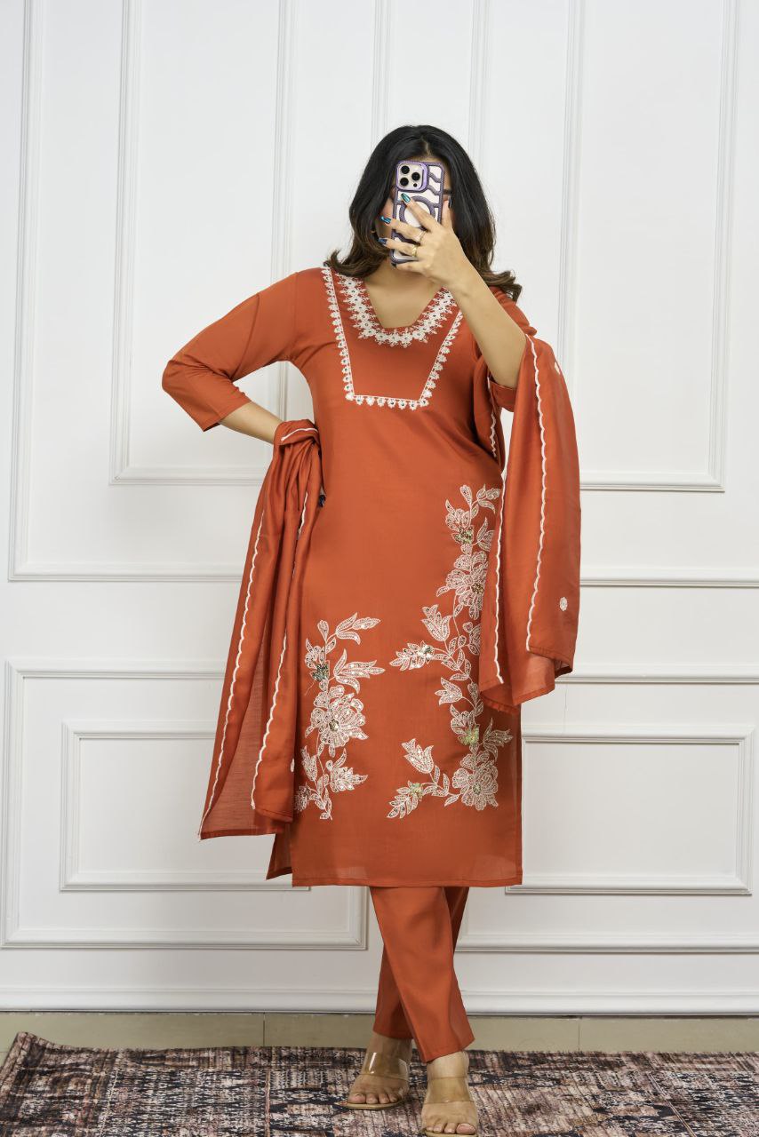 Lorenvalley Fashion Rust Roman Silk Embroidery with Sequence Work Kurta Pant with Dupatta 