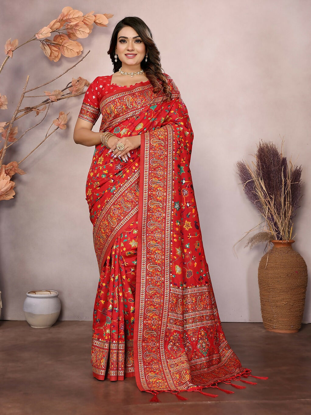 Joban Fashion Red Meena Weaves Pashmina Sarees