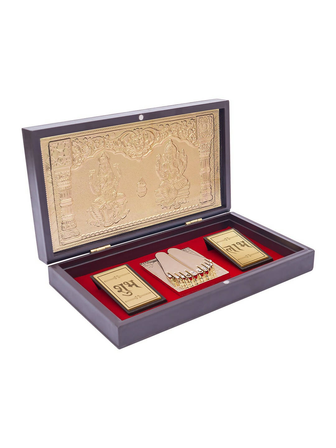 Golden Peacock Brown & Gold-Toned 24 Ct Gold Foil Laxmi And Ganesh Pooja Box 