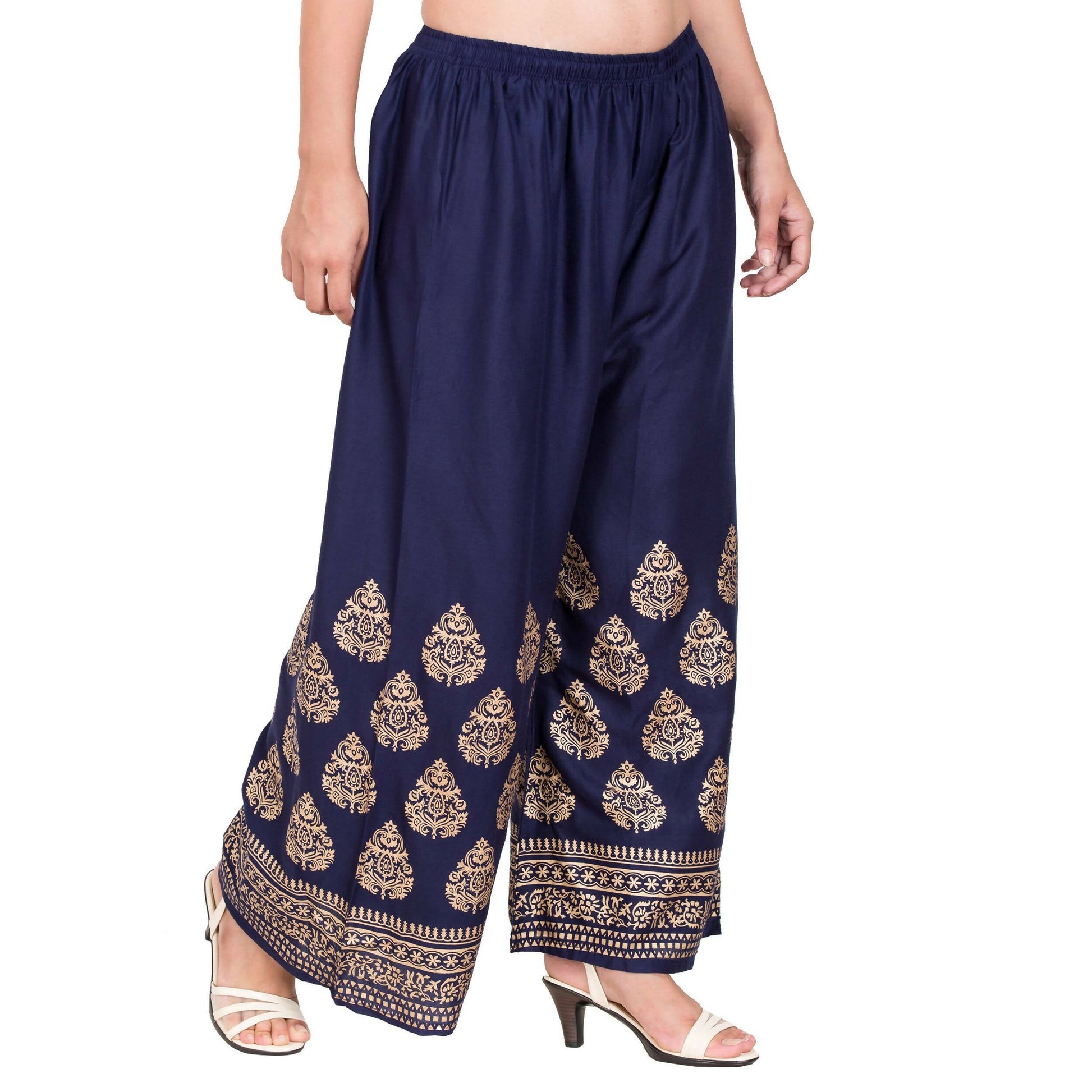 PAVONINE Navy Blue Color Golden Printed Rayon Fabric Sharara For Women & Girls