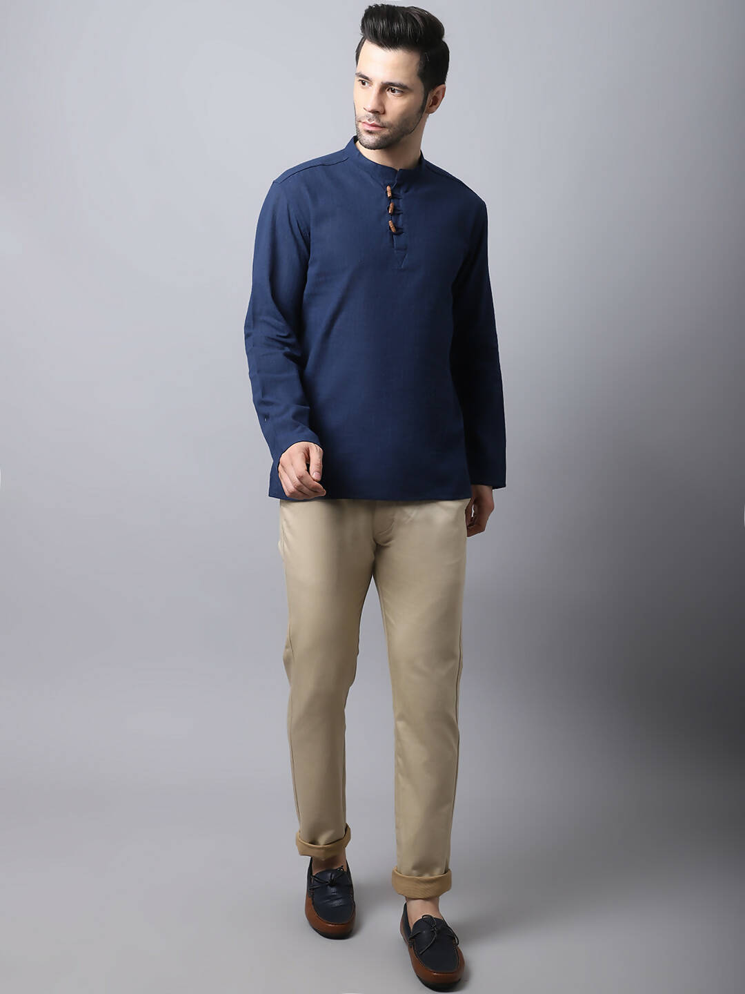 Even Apparels Navy Pure Cotton Men's Kurta With Band Collar 