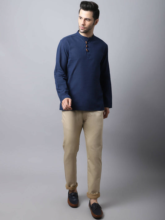 Even Apparels Navy Pure Cotton Men's Kurta With Band Collar 