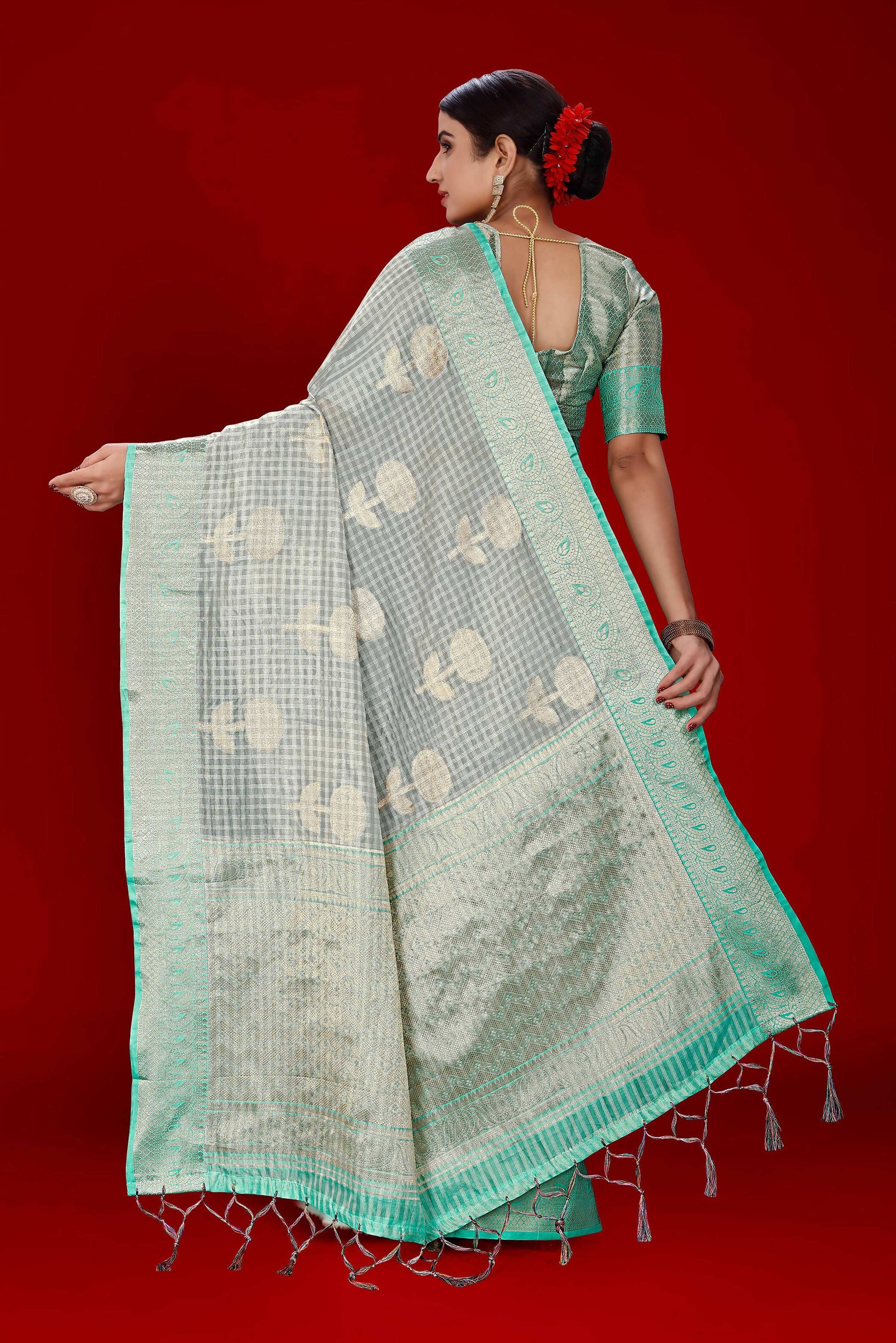 Grey Soft Organza Woven Design Saree With Unstitched Blouse Piece - Zaara