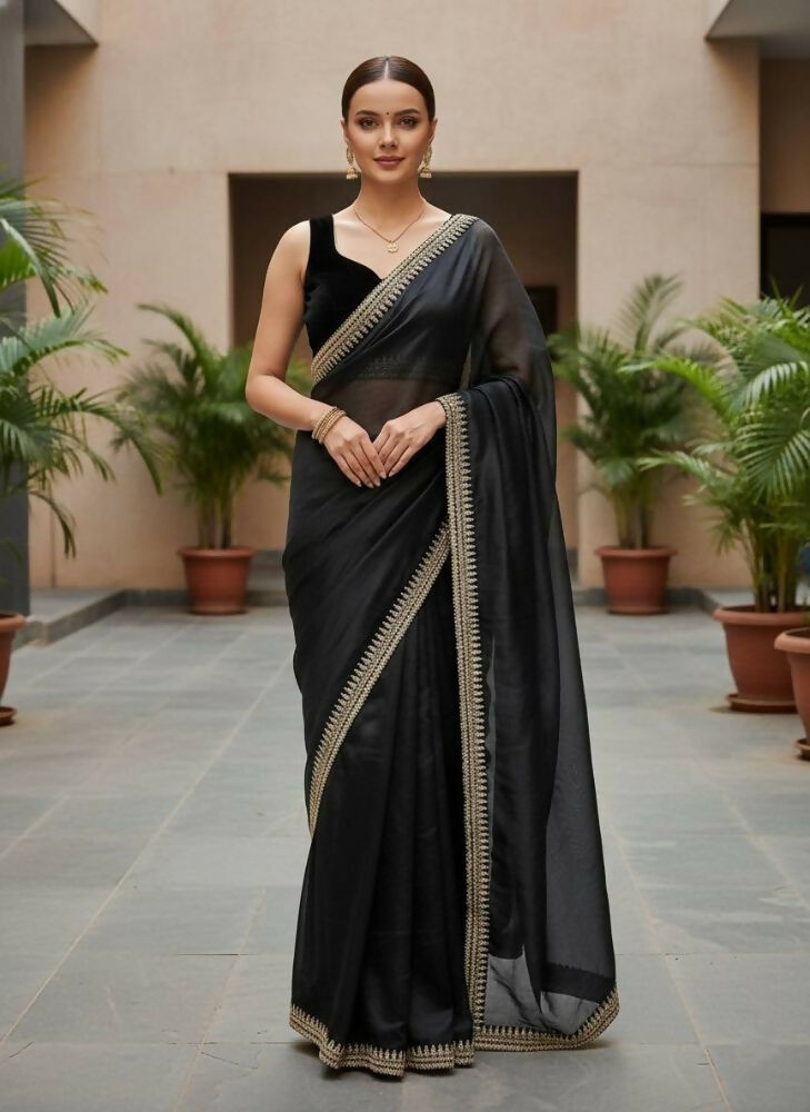 Joban Fashion Black Soft twill Net Party Wear Sarees