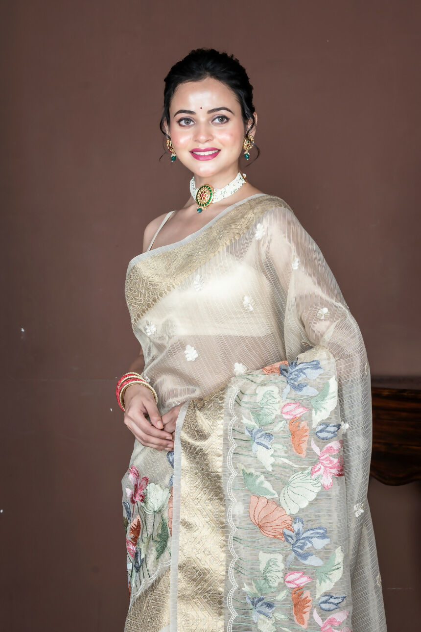 Morchari Beige Banarasi Tissue Computer Embroidery Grab2Buy Unstitched Blouse 